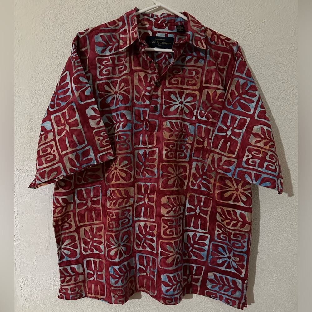 Pete Huntington Bali Batik Hawaiian Floral Shirt Men Red/blue Cotton Popover XL